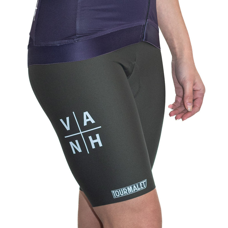 Side View of womens Olive Top of the range Tourmalet Cycling bib displaying branding, Front View of womens Black Top of the range Tourmalet Cycling bib, Cycling bib, cycling shorts, cycling tights, premium cycling bib, south Africa, Van H, cycling mens cycling bib, womens cycling bib, elastic interface