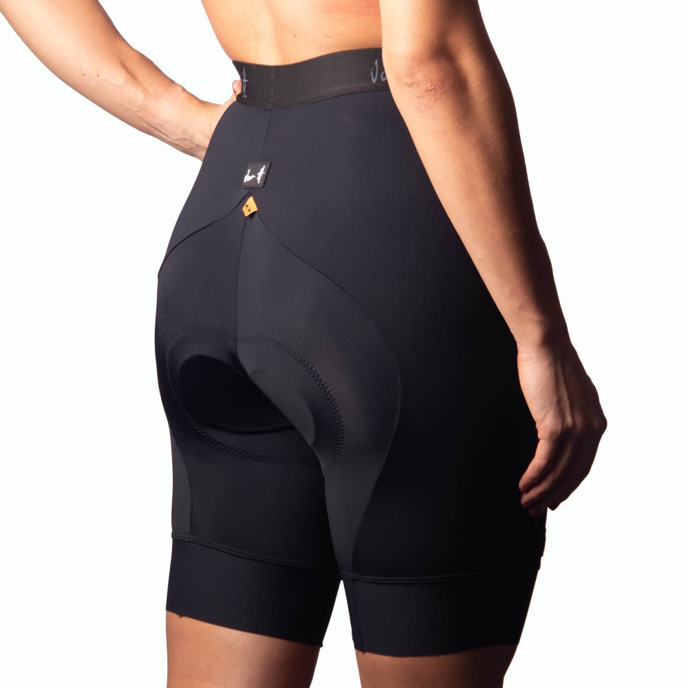 Back view of short womens cycling tight in black