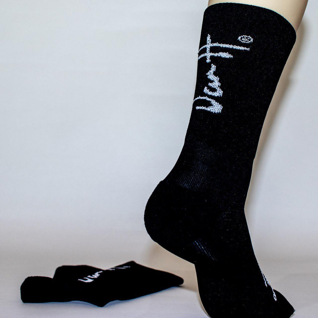 Black socks with white logo