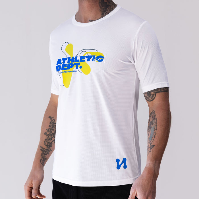 Men's VanH Athletic Dept. sport shirt in white with blue and yellow chest graphic