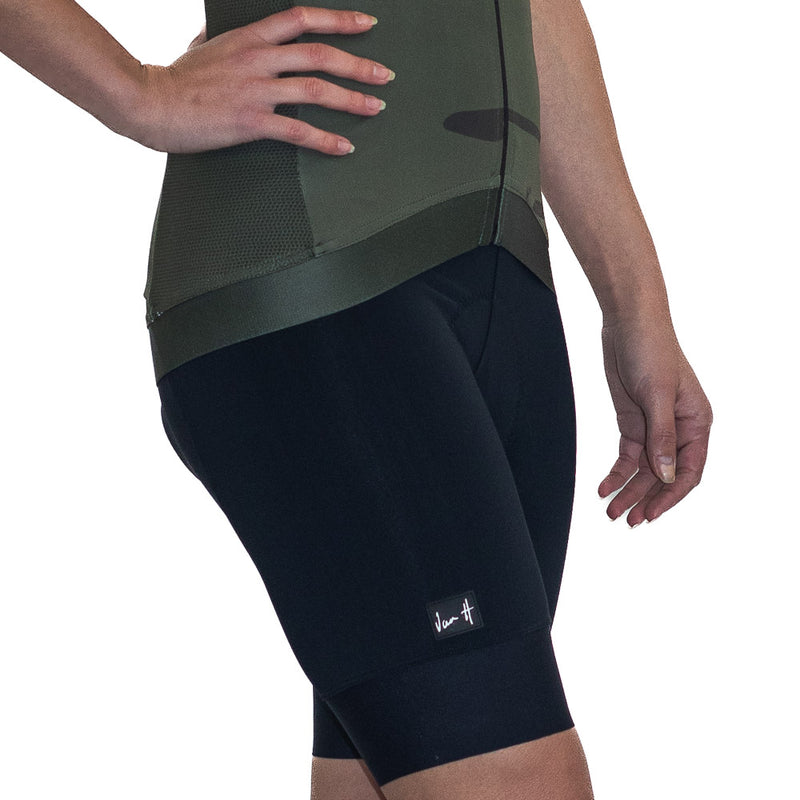 side view of womens cycling tight with cycling jersey