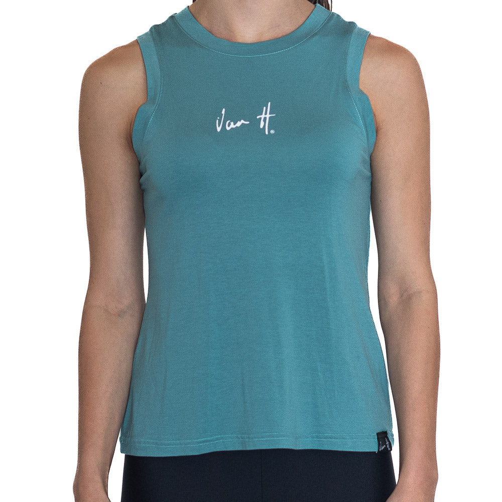 Front view of light blue tank top showing Van H branding, Sportswear, Active wear, running shirt, gym top, exercise top, South Africa, athletic wear, sports attire, locally made active wear, Van H, mens sportswear, ladies sportswear running tank