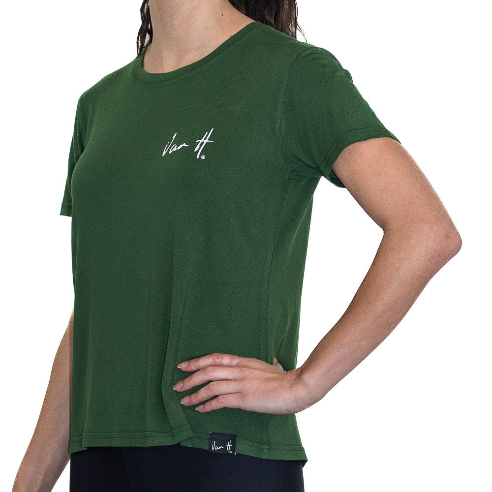 Front view of dark green women's t-shirt with Van H branding, t shirt mens, crew neck t shirt, black shirt, casual shirt, cool t shirt, cotton shirts, casual t-shirt, van h t-shirt