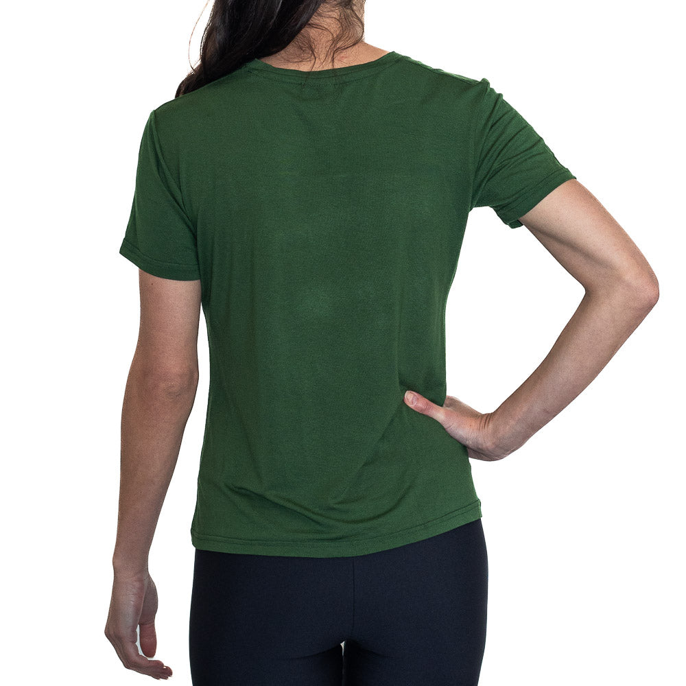 Back view of dark green women's t-shirt with Van H branding, t shirt mens, crew neck t shirt, black shirt, casual shirt, cool t shirt, cotton shirts, casual t-shirt, van h t-shirt