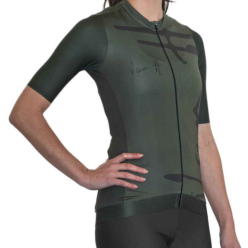 Front view of women's short sleeve olive cycling jersey, green Cycling jersey, cycling top, summer cycling jersey, mens cycling jersey, womens cycling jersey, cycling, south Africa, van h, premium cycling wear.