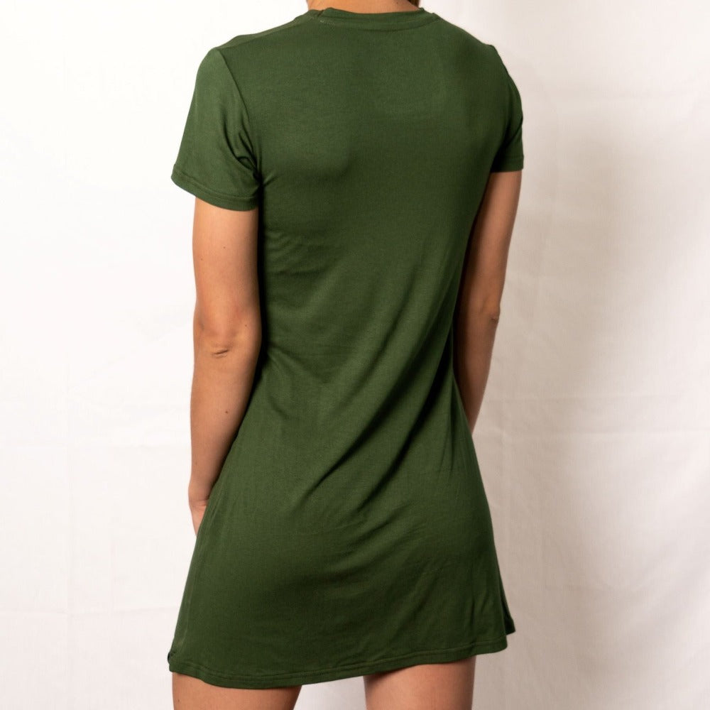 Back view of Dark green t-shirt dress. dress, casual shirt, cool casual dress, cotton dresss, casual t-shirt dress, van h dress
